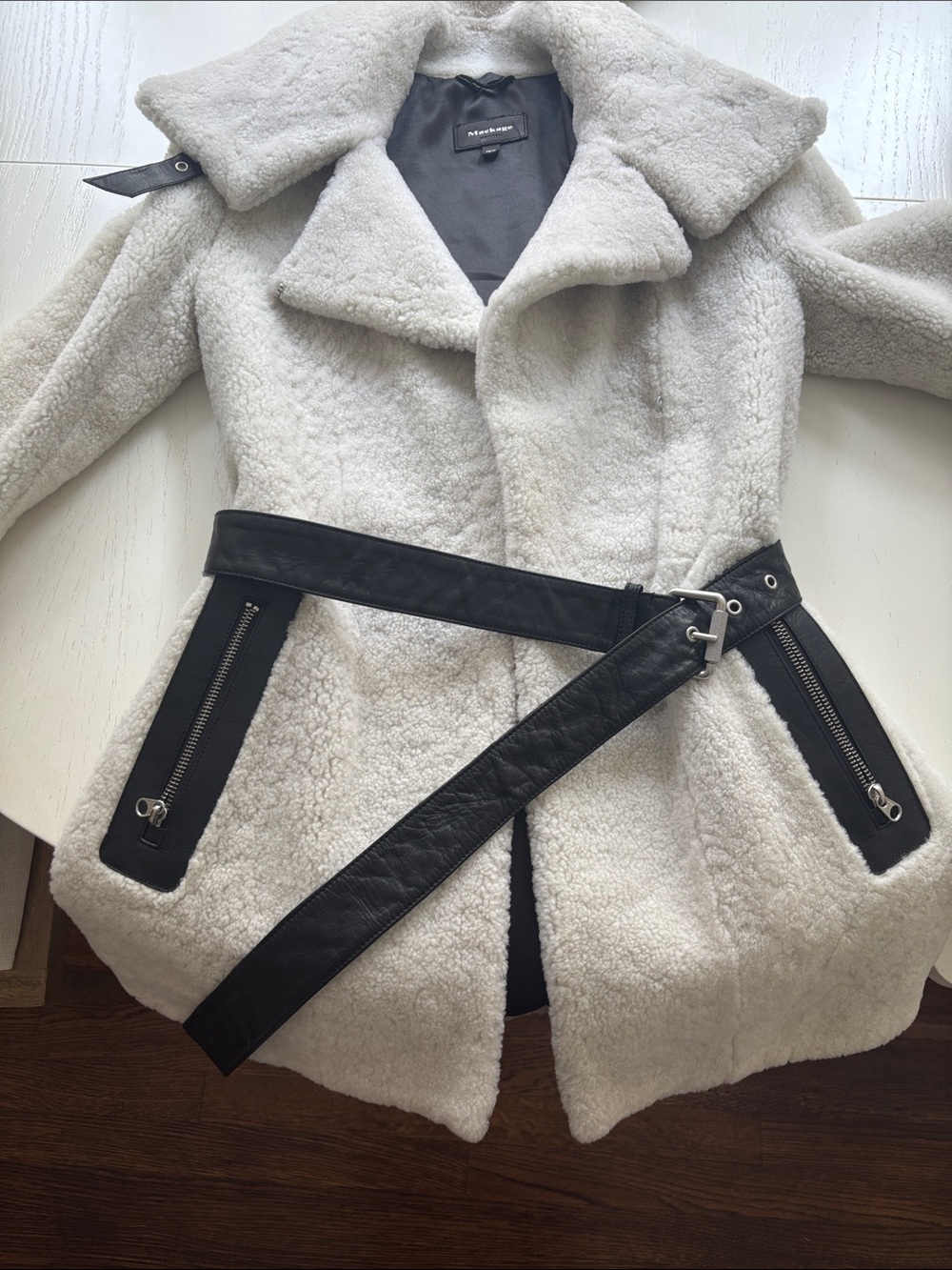 Mackage Cream Teddy Sherpa Coat with Black Trim & Belt